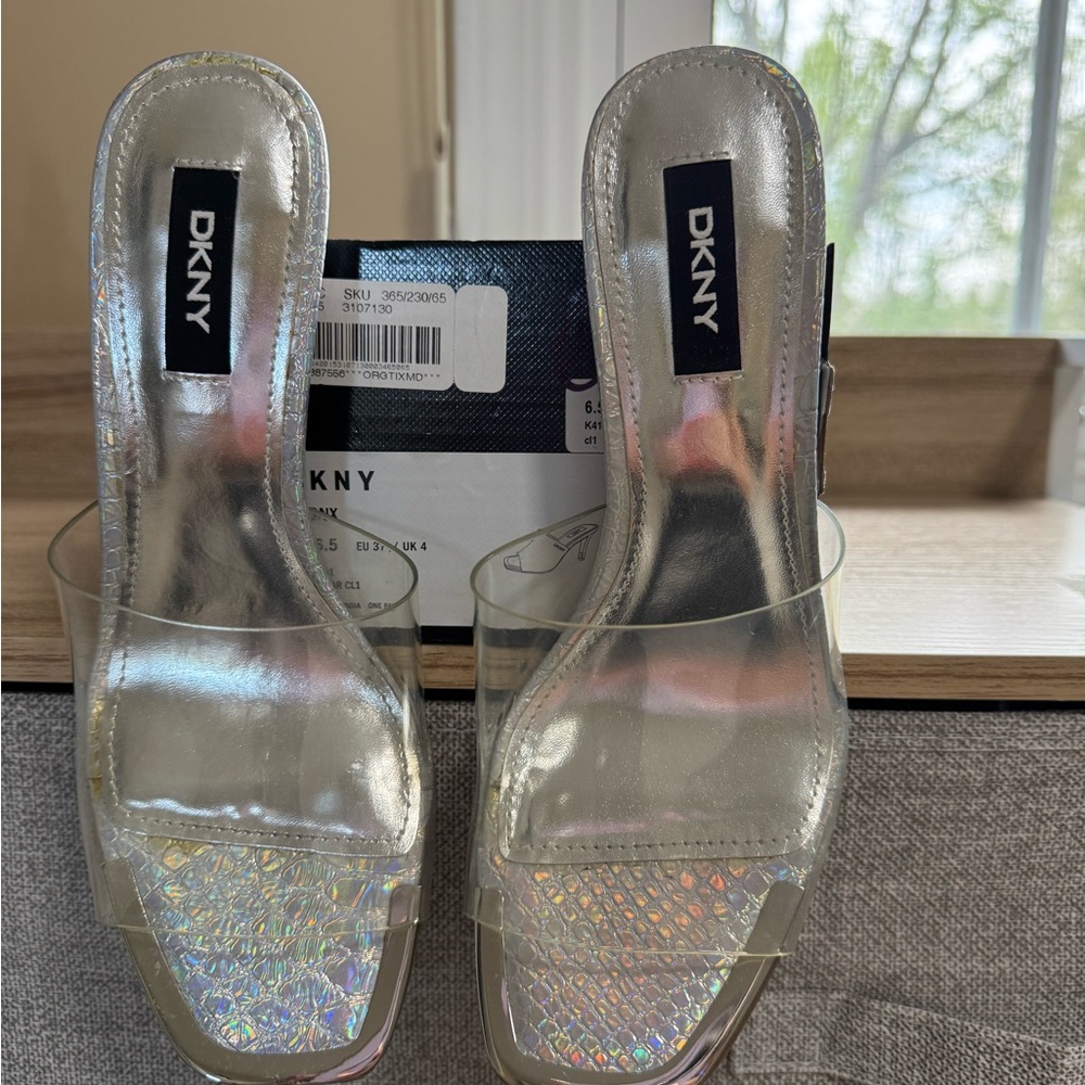 DKNY Silver Heels with Modern Square Toe Design